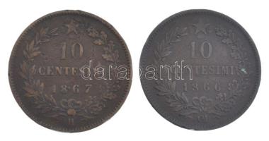 Olaszország 1866OM 10c bronz II. Viktor Emánuel + 1867H 10c Br II. Viktor Emánuel Birmingham verdejel T:VF Italy 1866OM 10 Centesimi bronz Vittorio Emanuele II + 1867H 10 Centesimi bronz Vittorio Emanuele II Birmingham mint mark C:VF Krause KM# 11.1, KM#11.5