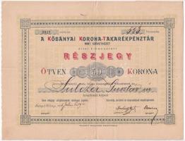 Budapest-Kőbánya 1906. A Kőbányai Korona-Takarékpénztár részjegye 50K-ról szárazpecséttel, szelvényekkel T:F