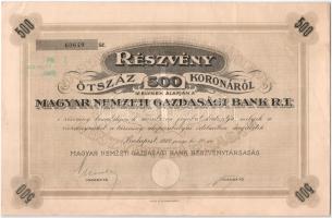 Budapest 1922. Magyar Nemzeti Gazdasági Bank R.T. névre szóló részvénye 500K-ról, szelvényekkel, szárazpecséttel T:XF