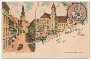 1899 (Vorläufer) Pozsony, Pressburg, Bratislava; Mihály kapu utca, Városháza. Schneider & Lux / street, gate, town hall. Art Nouveau, floral, litho (EK)