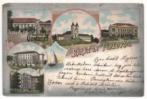 1898 (Vorläufer) Balatonfüred, Ipoly Udvar, Regatta, Erzsébet udvar, gyógyterem, Tihanyi templom, Grand Hotel nagy szálloda. Art Nouveau, floral, litho (EB)