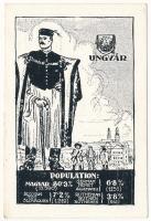 Ungvár, Uzshorod, Uzhorod; Magyar, német, tót (szlovák) és rutén (ruszin) nemzetiségek népesség aránya. Címer, Pátria rt. / Percentage of Hungarian, German, Slovakian and Ruthen (Rusyn) population. Irredenta art postcad with coat of arms s: Pólya Tibor (EK)