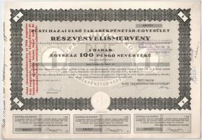 Budapest 1946. Pesti Hazai Első Takarékpénztár-Egyesület részvényelismervénye 100P-ről szárazpecséttel, bélyegzésekkel, szelvényekkel T:AU