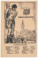 Máramarossziget, Sighetu Marmatiei; Magyar, német, román (oláh) és rutén nemzetiségek népesség aránya. Címer, Grund V. Utódai, Magyar Nemzeti Szövetség kiadása / Percentage of Hungarian, German, Romanian and Ruthenian (Rusyn) population. Irredenta art postcad with coat of arms s: Pólya Tibor (EK)