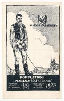 Marosvásárhely, Targu Mures; Magyar, német és román (oláh) nemzetiségek népesség aránya. Címer, Pátria rt. kiadása / Percentage of Hungarian, German and Romanian population. Irredenta art postcad with coat of arms s: Pólya Tibor