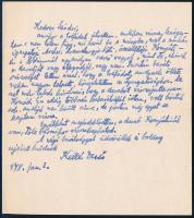 Kellér Dezső (1905-1986) író, humorista autográf levele Sándor nevű humoristához, melyben jelzi, hogy az átvett kéziratát nem tudja visszajuttatni és nem tehet róla, hogy az nem került színpadra
