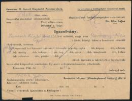 1946 Komárom, 2 db igazolvány (utazási, elbocsátó) hadifogságból hazatért részére