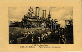 SMS Babenberg az Osztrák-Magyar Haditengerészet Habsburg-osztályú pre-dreadnought csatahajója, marózok szenet pakolnak. G. Fano Pola, 1910-11. 197. / K.u.K. Kriegsmarine Linienschiffe, Kohleneinschiffung / WWI Austro-Hungarian Navy, SMS Babenberg pre-dreadnought battleship, coal loading