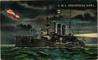 SMS Erzherzog Karl az Osztrák-Magyar Haditengerészet Erzherzog Karl-osztályú pre-dreadnought csatahajója este / K.u.K. Kriegsmarine am Nacht / WWI Austro-Hungarian Navy, Erzherzog Karl-class pre-dreadnought battleship at night. G. Fano Pola 1908/9. No. 11.