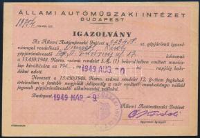 1949 Bp., az Állami Autóműszaki Intézet által kiállított igazolvány, munkakönyv nélkül gépjárművezetői alkalmazásra való ideiglenes jogosultságról