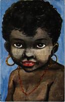 Fekete kislány / Black girl. Raphael Tuck &amp; Sons Oilette Curly Coons 9093.