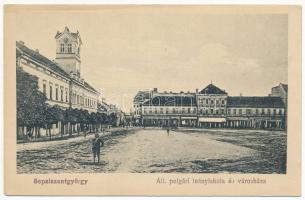 Sepsiszentgyörgy, Sfantu Gheorghe; Állami polgári leányiskola, Városháza. Benkő Mór kiadása / girls' school, town hall (ázott / wet damage)