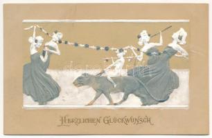 Herzlichen Glückwunsch. Raphael Tuck & Sons Glückwunsch Serie Copenhague No. 403. B. Embossed Art Nouveau litho, unsigned Raphael Kirchner (r)