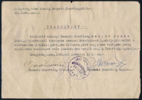 1945 Medgyesegyháza, a község Nemzeti Bizottsága által kiállított igazolvány (igazolás, hogy az adott személy nem volt fasiszta, nyilas, stb.); aláírásokkal, bélyegzővel
