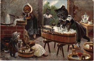 Wie die Alten sungen! / Macskák ruhát mosnak / Cats washing clothes. T.S.N. Serie 1602. (6 Muster) s: Arthur Thiele
