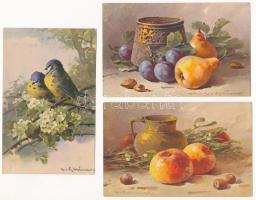 3 db RÉGI Catharina Klein művészeti képeslap, gyümölcs csendélet, madarak. litho / 3 pre- 1929 Catharina Klein art postcard, fruit still life, birds, litho