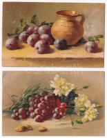 4 db RÉGI Catharina Klein művészeti képeslap, virág és gyümölcs csendélet. litho / 4 pre- 1929 Catharina Klein art postcard, flower and fruit still life, litho