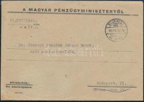 1945 Vásáry István pénzügyminiszter autográf aláírással ellátott levele Simonyi Semadam Sándor volt miniszterelnöknek, melyben felmenti kormánybiztosi tisztségéből borítékkal