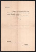 1942 Dr. Völgyesi Ferenc (1895-1967) orvos, pszichiáter és hipnotizőrnek írt levél Horthy Miklós kormányzó kabinetiodája vezetőjének, Uray István aláírásával, melyben a kormányzó nevében megköszöni Én, egyéniség, személyiség c. munkájának megküldését.