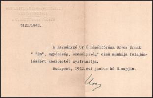 1942 Dr. Völgyesi Ferenc (1895-1967) orvos, pszichiáter és hipnotizőrnek írt levél Horthy Miklós kor...