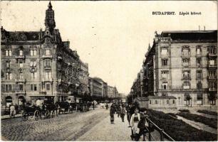 Budapest XIII. Lipót körút, Magaziner Lajos ablakredőny gyára, Tudakozó iroda lovaskocsik, villamos (EK)