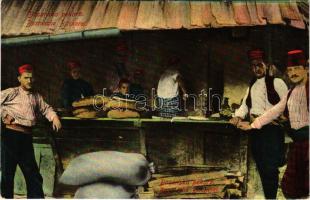 Bosanska pekara / Bosnische Bäckerei / Bosnyák sütöde / Bosnian bakery, folklore, traditional costume. W. L. Bp. 1910. No. 9. + "K. und K. Milit. Post Bos. Brod" (EK)