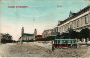 1909 Békéscsaba, Fő tér, templom, motor, kisvasút, városi vasút. Corvina könyvkereskedés kiadása (fl)
