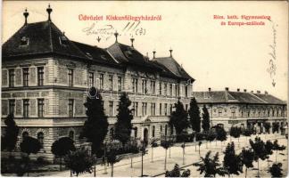 1908 Kiskunfélegyháza, Római katolikus főgimnázium és Európa szálloda, Bánhidy László üzlete. Roykó B. kiadása (kis szakadás / small tear)