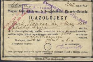 1936 A Magyar Királyi Folyam- és Tengerhajózási Részvénytársaság fényképes igazolójegye