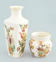 Zsolnay virágmintás váza és kaspó, jelzett, hibátlan, m: 6,5-14,5 cm