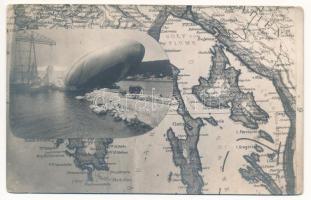 A Pola felett lelőtt Citta di Jesi olasz léghajó maradványai a kikötőben. Montázs térképpel / K.u.K. Kriegsmarine / WWI Citta di Jessi Italian military balloon shot in Pola. Montage with map (EK)