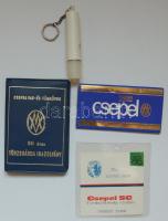 Kis Csepel Művek tétel, mint: Törzsgárda igazolvány, gyufa, versenybírósági igazolvány illetve egy elemlámpás kulcstartó