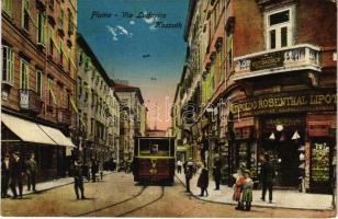 1915 Fiume, Rijeka; Via Ludovico Kossuth, Dr. Luigi Bachich medico dentista, Leopoldo Rosenthal / utca, fogorvos, Rosenthal Lipót üzlete, villamos / street, tram, shops, dentist (szakadás / tear)