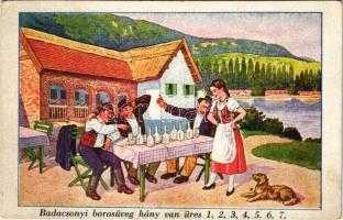 Balaton, Badacsonyi borosüveg hány van üres 1, 2, 3, 4, 5, 6, 7, humoros képeslap részeg férfiakkal (EK)