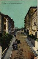 1918 Fiume, Rijeka; Via Michelangelo Buonarotti / street view with automobiles / utca és autók (EK)
