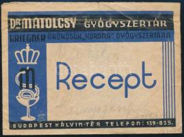 cca 1940 Dr. Matolcsy Gyógyszertár, Bp. Kálvin tér, receptboríték (benne recept), kissé viseltes állapotban, 12x9 cm