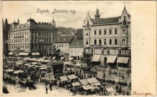 1903 Zagreb, Jelacicev trg, Adolf Bondy, F. Rudovits, Miroslav Bachrach / Piac, üzletek, vásár / market, shops (Rb)