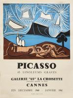 1960-61 Picasso 45 Linoleums gravés, Galerie 65 La Croisette, Cannes. Kiállítási plakát. Linóleummetszet, papír, 67x51 cm. Lapszéli egészen apró szakadásokkal, feltekerve / Picasso exhibition poster, linocut on paper, with very minor damages on the edges