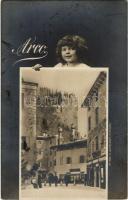 1912 Arco (Südtirol), street, shop of Leopold Neumann. B. Lehrburger No. 13249. Art Nouveau montage with child