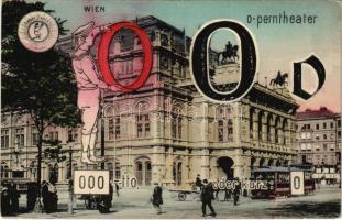 Wien, Vienna, Bécs I. Operntheater / opera theatre, tram. Gabel System montage with the letter O, illiteracy test (EK)