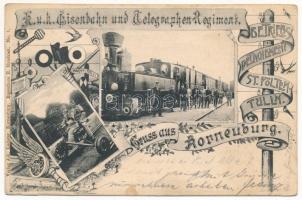 1901 K. und K. Eisenbahn- und Telegrafen Regiment, Betriebs-Detachement St. Pölten-Tulln, Gruss aus Korneuburg / Cs. és kir. vasúti és távirati ezred St. Pölten-Tulln-i műveleti különítménye, gőzmozdony, vonat, hajtány / Austro-Hungarian military railway and telegraph regiment, train, locomotive, hand car. Art Nouveau, floral (EK)