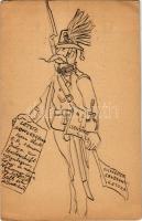 1908 M. kir. csendőr - Kézzel rajzolt magyar katonai művészlap. Hager Emil cs. és kir. főhadnagynak címezve / Hungarian hand-drawn military art, gendarme (EK)