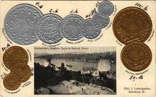 1917 Constantinople, Istanbul; Bosphore, Tours de Roumeli Hissar. Edit. J. Ludwigsohn / Roumeli Hissar Castle, Bosphorus. Embossed Art Nouveau coins (EK)