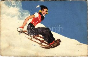 1930 Szánkózó hölgy, téli sport / Sledding lady, winter sport. Stehli No. 603. s: E. Martin (EB)