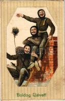 1916 Boldog újévet! Kéményseprők / New Year greeting, chimney sweepers. litho (EK)