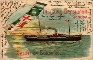 1907 Saluti da Bordo del La Ligure Brasliana Genova. B. Ullmann & C. / Ship from Italy to Brazil, flags. Art Nouveau, litho (EK)