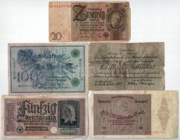 Német Birodalom / Németország 1908-1929. 5db klf bankjegy és utalvány, közte Németország / Harmadik Birodalom DN (1939-1945) 50M T:F,VG German Empire / Germay 1908-1929. 5pcs of diff banknotes and voucher, with Germany / Third Reich ND (1939-1945) 50 Reichsmark C:F,VG