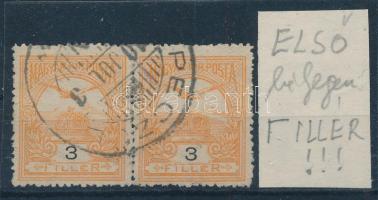 1906 Turul 3f pár, a bal oldali bélyegen lemezhiba a Fillér szóban / Mi 76 C pair with plate flaw