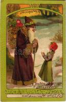 1908 Boldog karácsonyi ünnepeket! Mikulás - szecessziós dombornyomott litho / Saint Nicholas. Art Nouveau, embossed litho (EK)