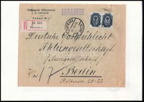 1908 Mi 41 yaK pár fordított alapnyomattal ajánlott levélen Varsóból Berlinbe / Mi 41 yaK pair with ...